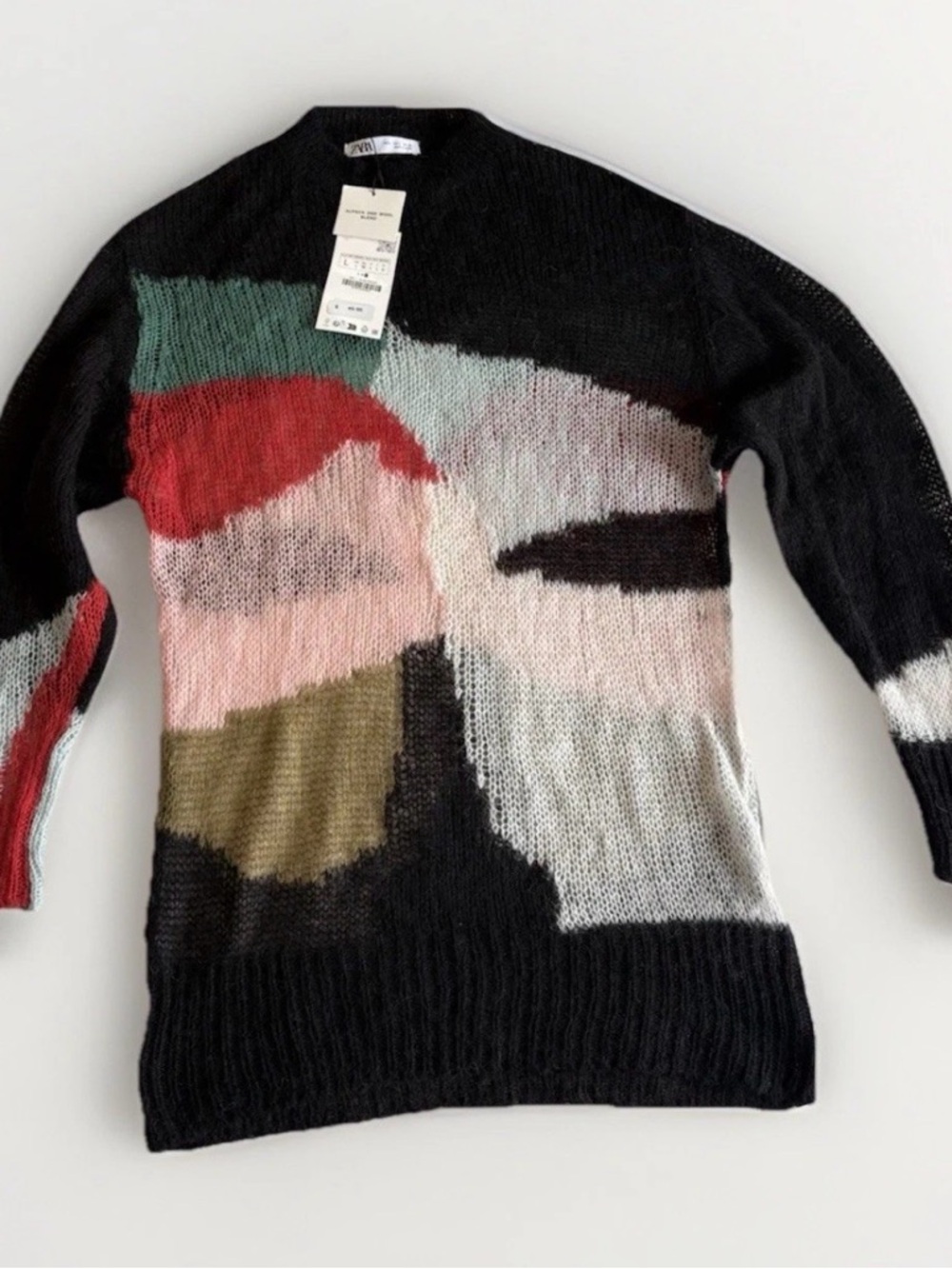 Zara Black Abstract Colorblock Pullover Sweater with Multicolor Panels